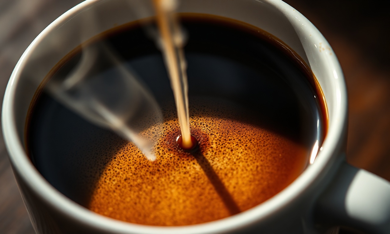 Close-up da superfície do café mostrando a camada de óleos aromáticos e creme.