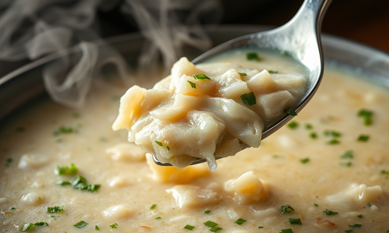 Caldinho De Bacalhau Cremoso Com Batata Amassada No Caldo 6 Close-up da textura cremosa e aveludada do caldo com lascas de bacalhau.