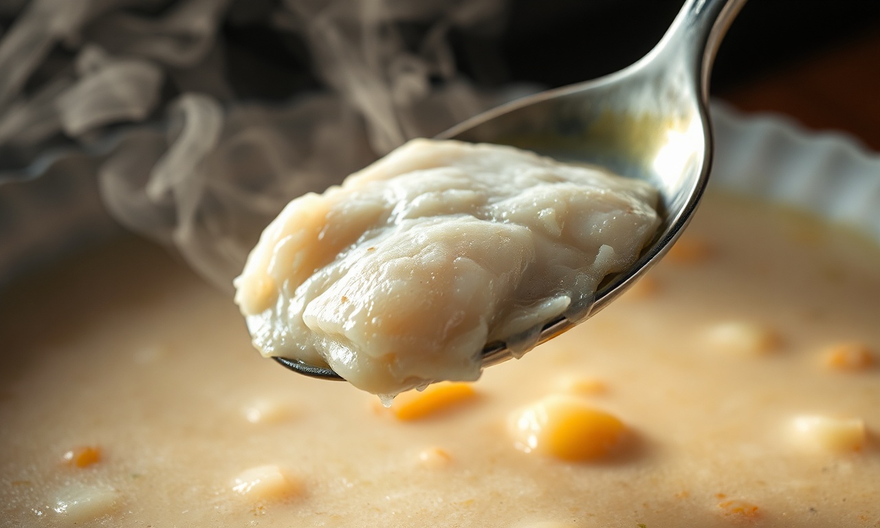 Caldo De Peixe Cremoso: Fácil Em 35 Min Com 8 Ingredientes 6 Close-up da textura aveludada do caldo com um pedaço de peixe sendo retirado.