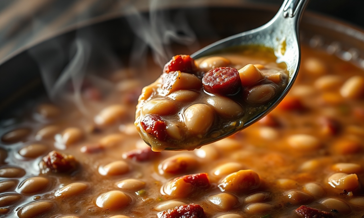 Feijão Encorpado De Panela De Pressão: Caldo Grosso E Saboroso 6 Close-up da textura grossa e cremosa do caldo, com grãos macios e pedaços de bacon visíveis.