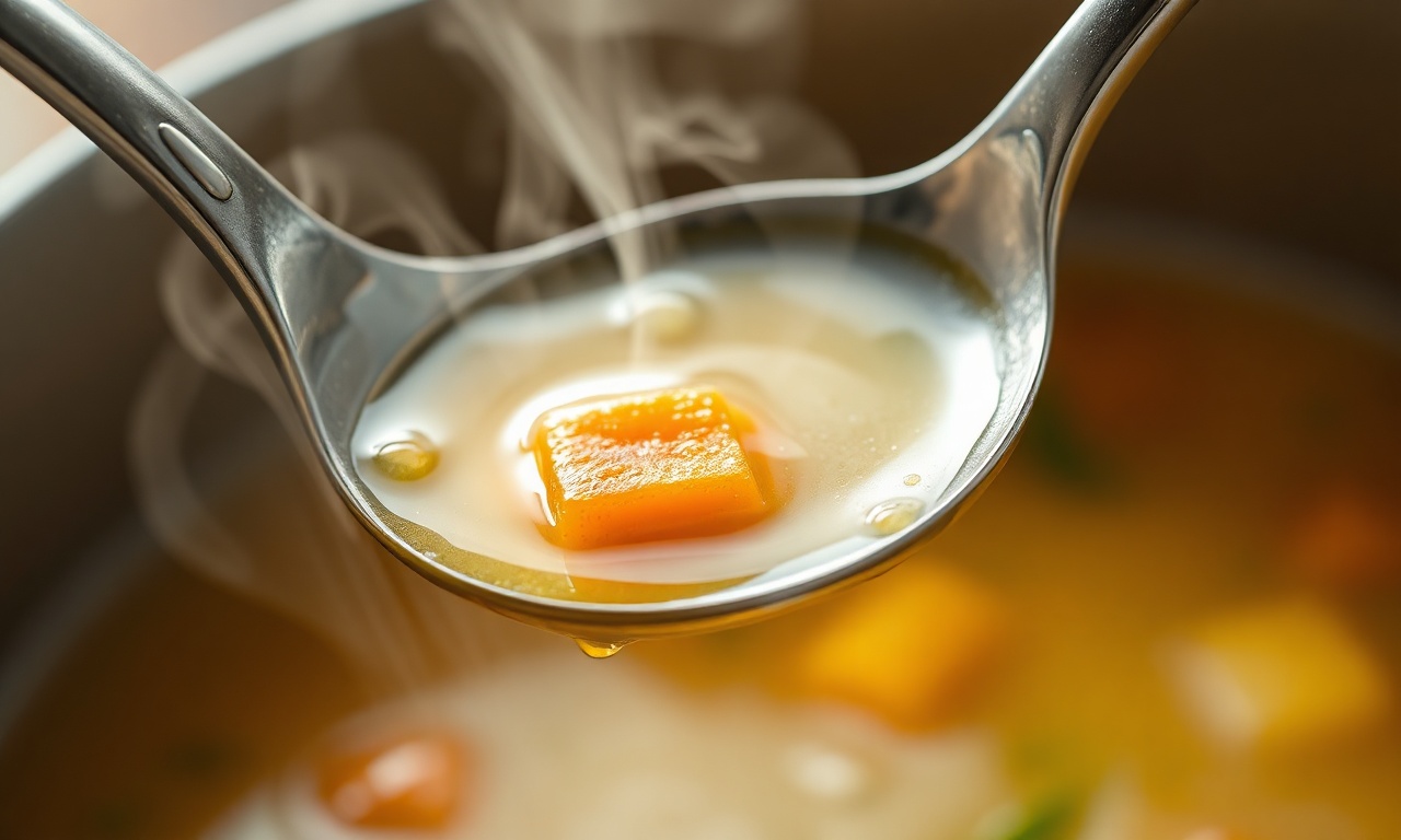 Close-up da superfície da sopa, mostrando a textura límpida e os legumes cozidos.