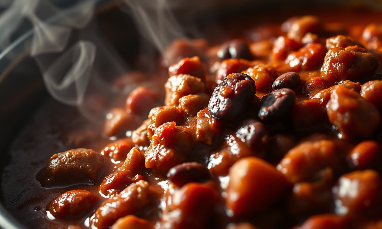Close-up da textura do chili, mostrando a carne macia, o feijão e o molho espesso.