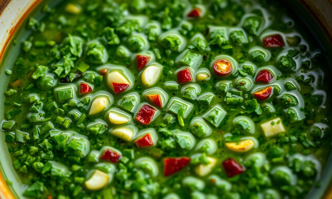 Close-up da textura líquida e vibrante do chimichurri, com folhas de salsinha e alho visíveis.