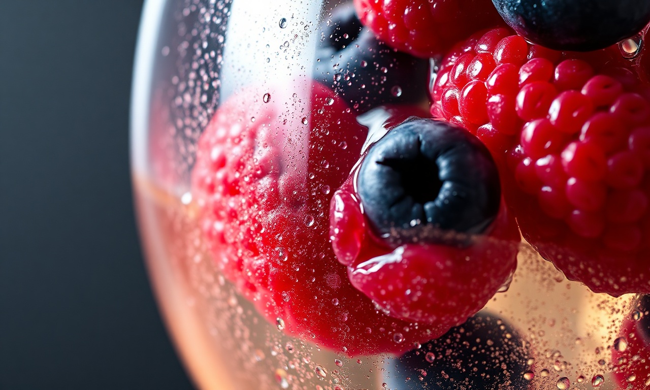 Close-up da textura das frutas vermelhas flutuando no vinho gelado, com bolhas e gotas de condensação.