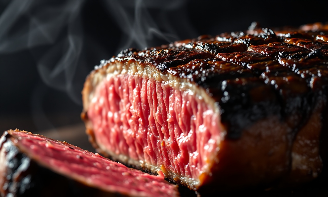 Close-up da textura suculenta e da crosta caramelizada do bife.