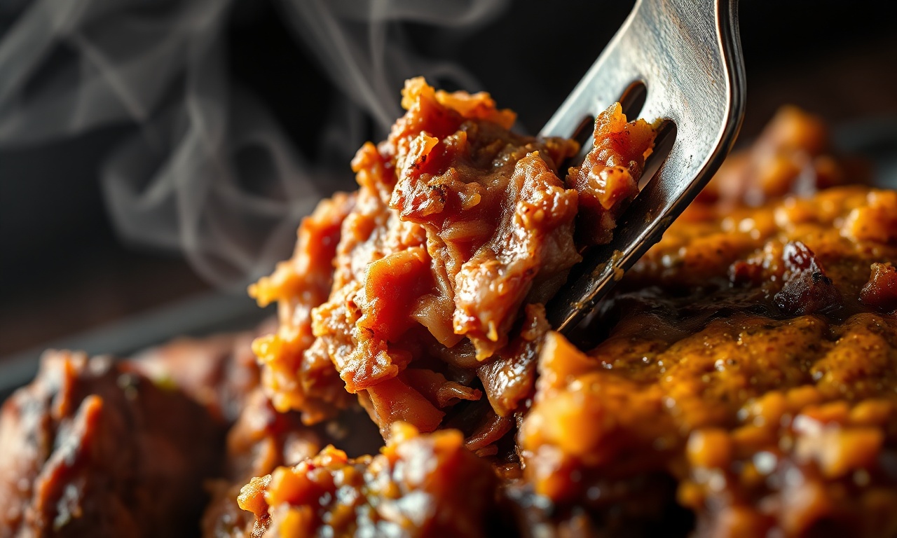 Close-up da crosta caramelizada e da carne desfiando.