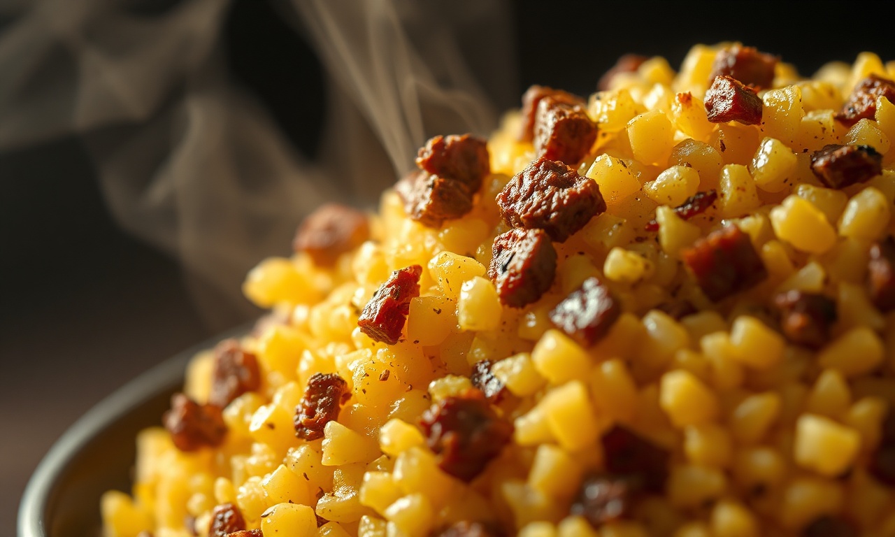 Close-up da textura soltinha e úmida do flocão de milho com pedaços de carne seca desfiada visíveis.