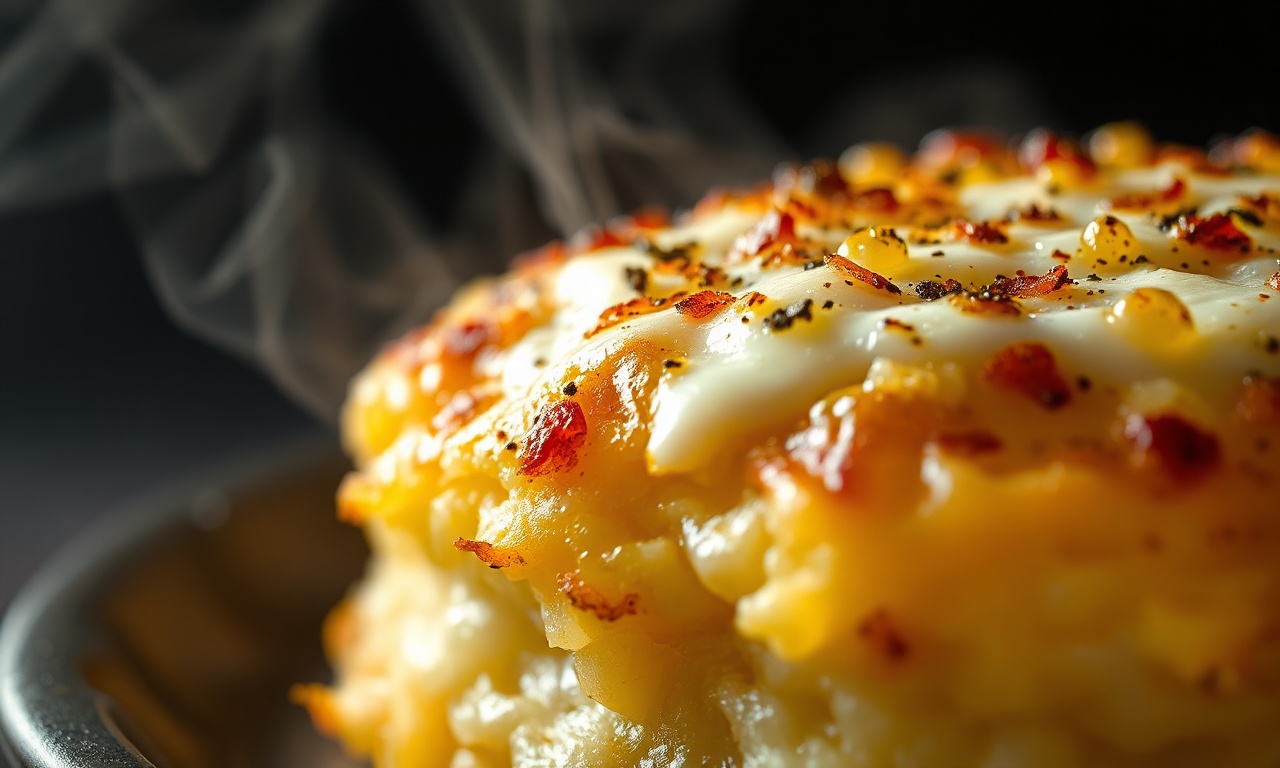 Close-up da textura crocante do purê gratinado com queijo derretido