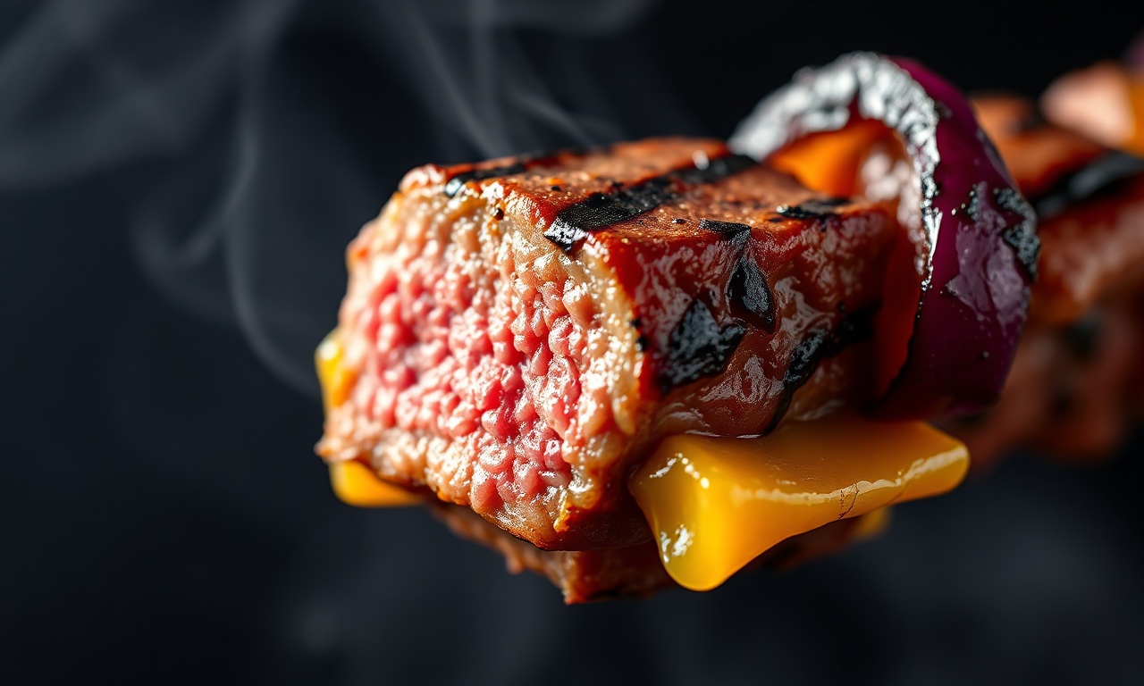 Como Vender Espetinhos Gourmet: Lucro Alto E Receita 5 Close-up da textura da carne suculenta e do queijo derretido.