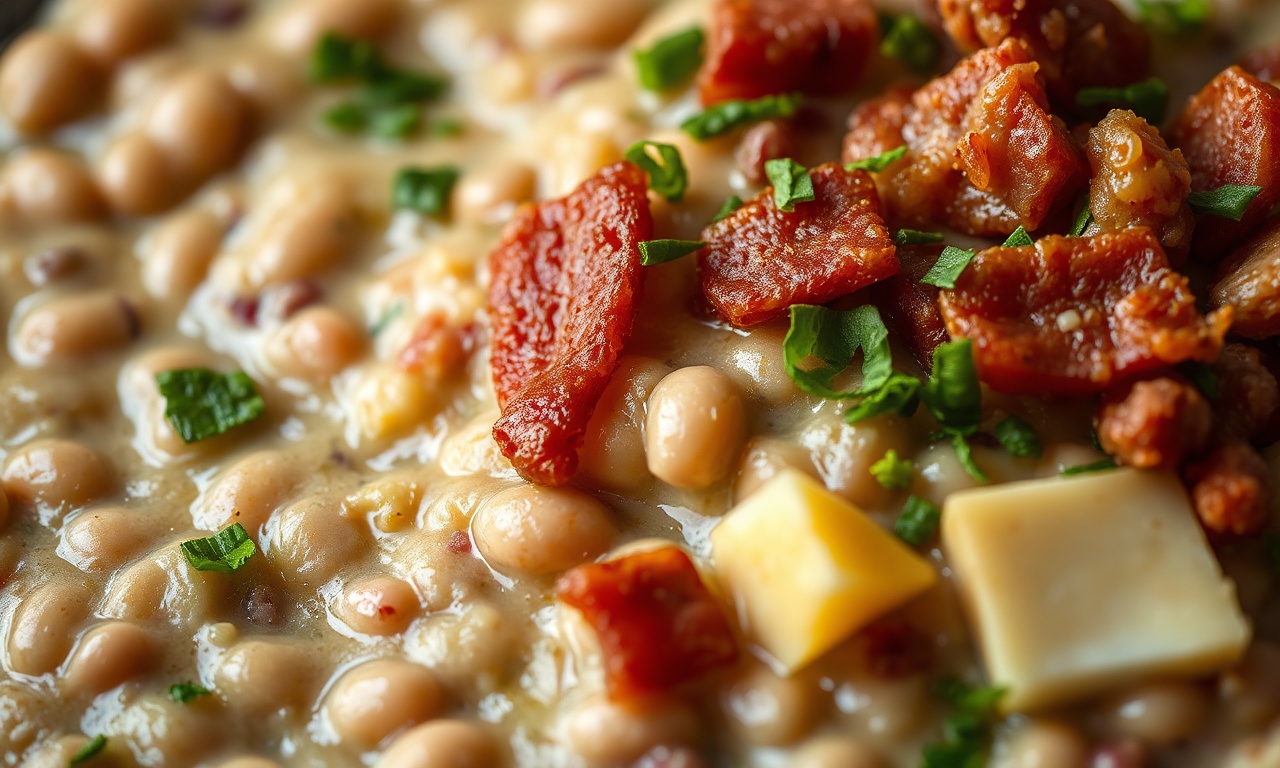 Close-up da textura cremosa com pedaços de bacon e ovo.