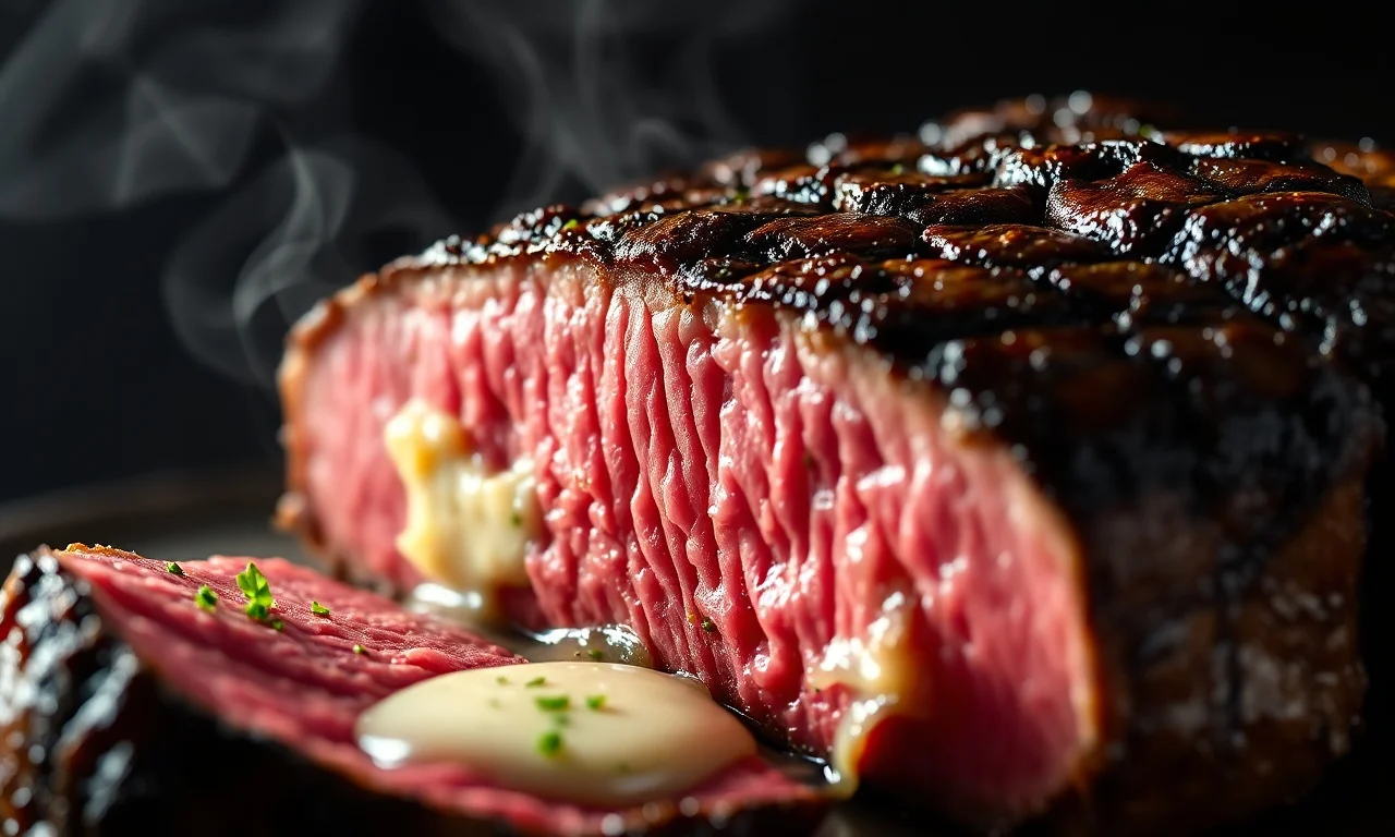Filé De Costela Na Frigideira: Crosta Perfeita Em 30 Min 5 Close-up do interior rosado e suculento do filé fatiado.