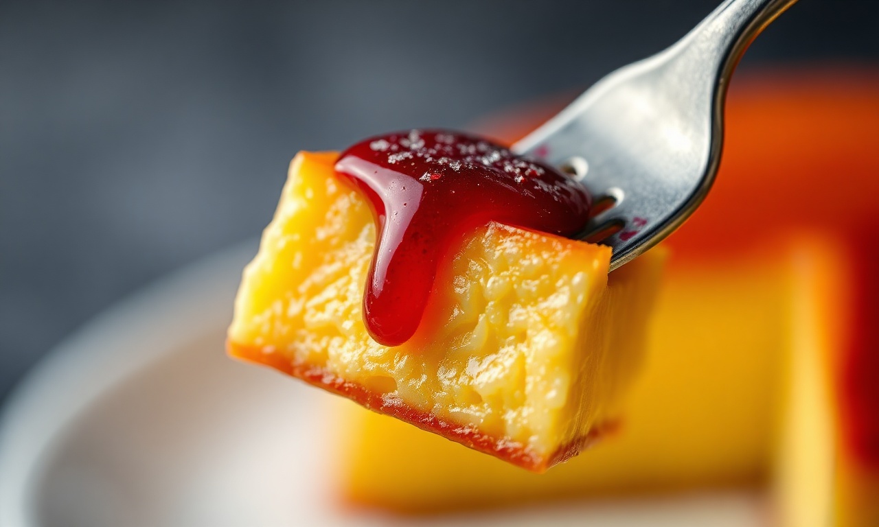 Close-up da textura firme e cremosa do flan