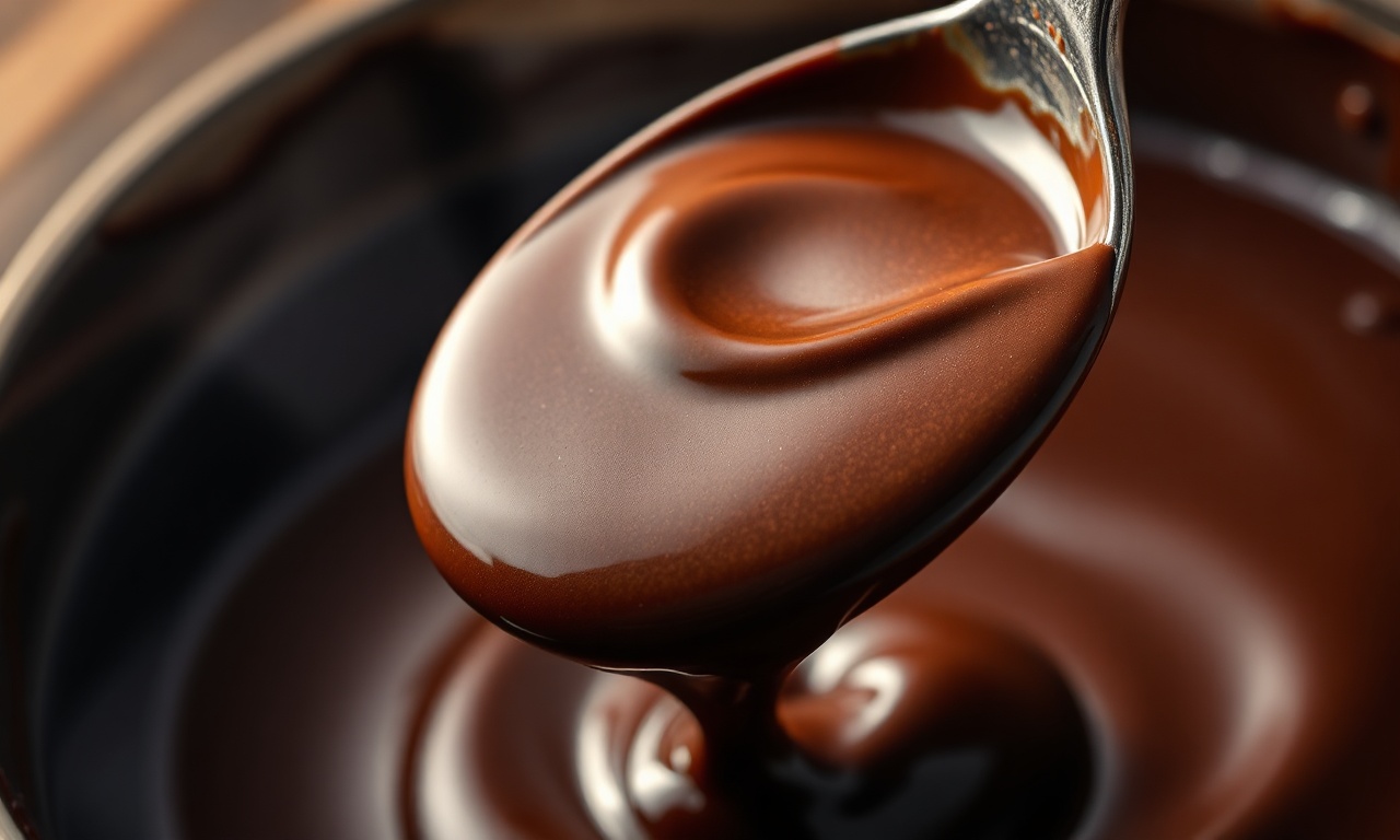 Close-up da textura sedosa e brilhante do chocolate derretido.