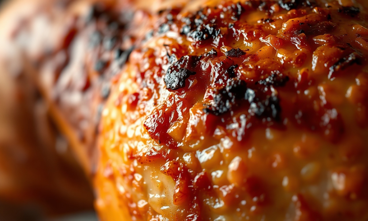 Close-up da pele crocante e dourada do frango.