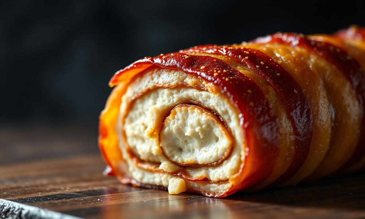 Textura crocante do bacon dourado ao redor do frango suculento.