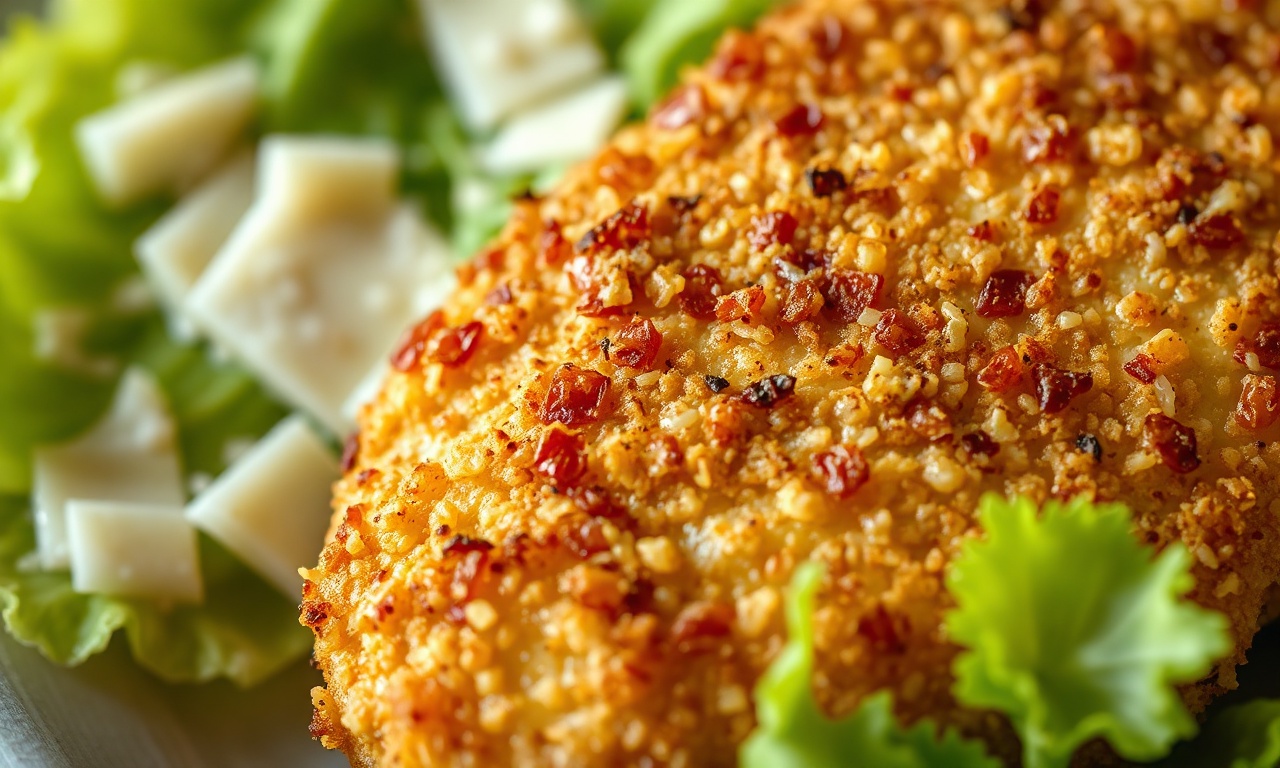 Acompanhamento Para Frango Empanado: 6 Ideias Rápidas 6 Close-up da textura crocante do frango empanado dourado e das folhas de salada com parmesão.