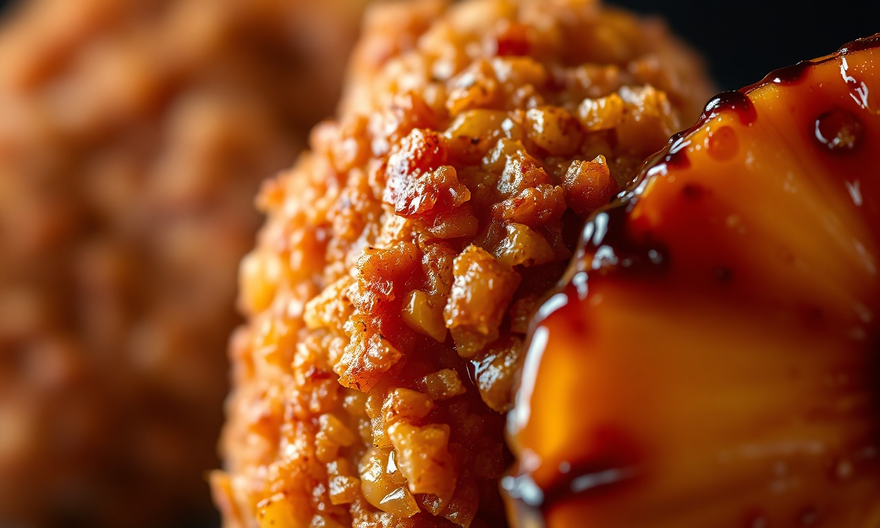 Close-up da pele crocante do frango e da textura caramelizada do abacaxi.
