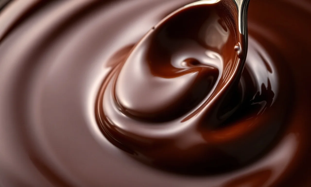 Close-up da textura sedosa e brilhante do ganache perfeitamente emulsionado.