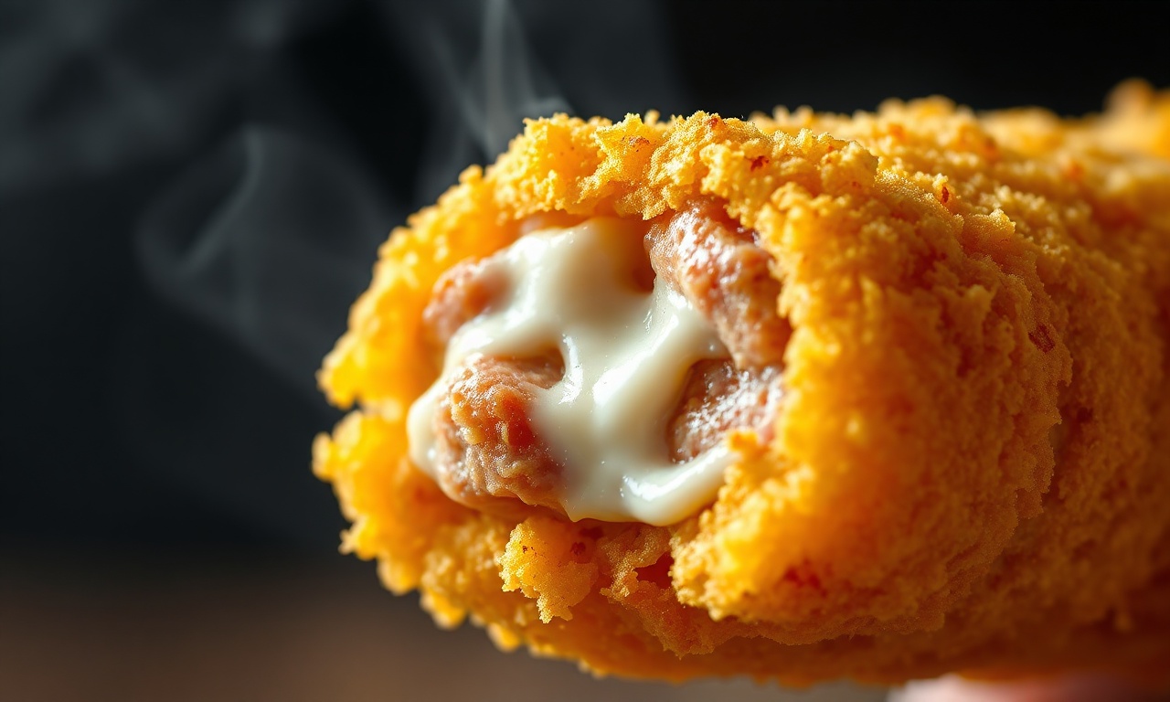 Macro shot da textura crocante do panko e o queijo derretido por dentro.