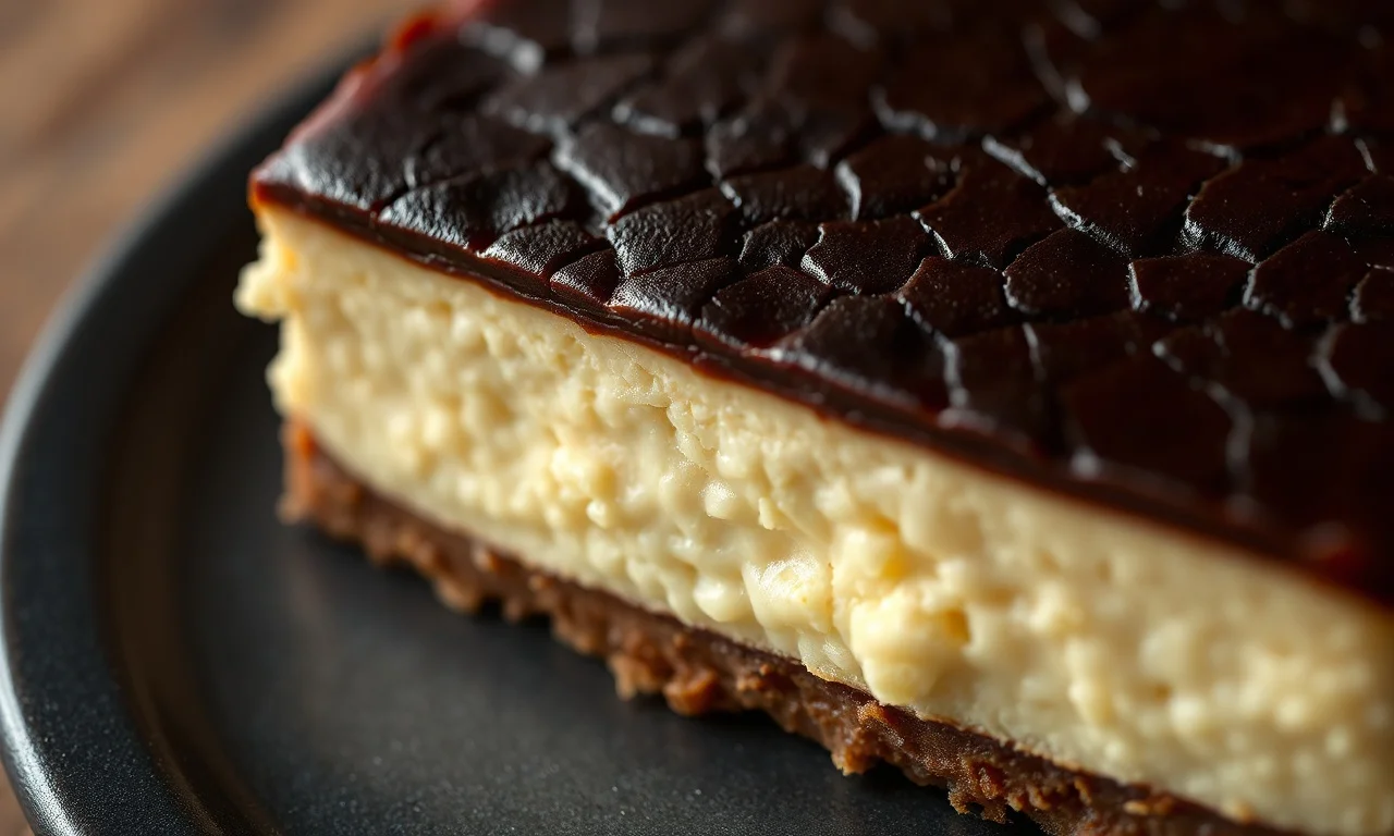 Close-up da textura ultra cremosa do centro do cheesecake.