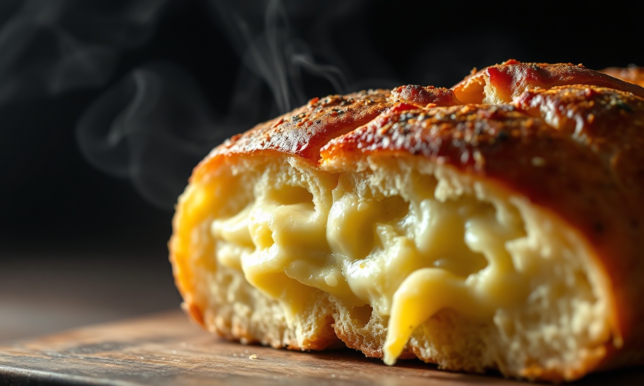 Close-up de um pão de queijo vegano partido ao meio, exibindo a textura elástica e o vapor subindo.