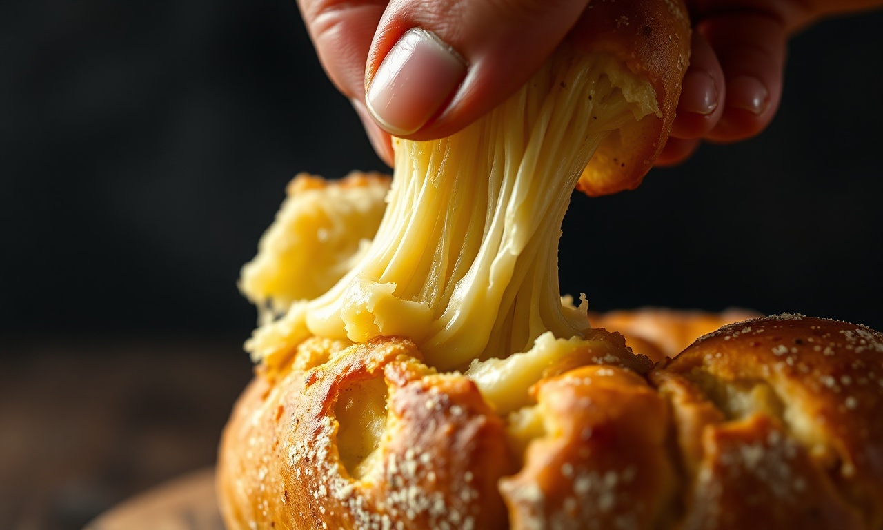 Close-up da textura elástica e fofinha ao partir um pão de queijo.