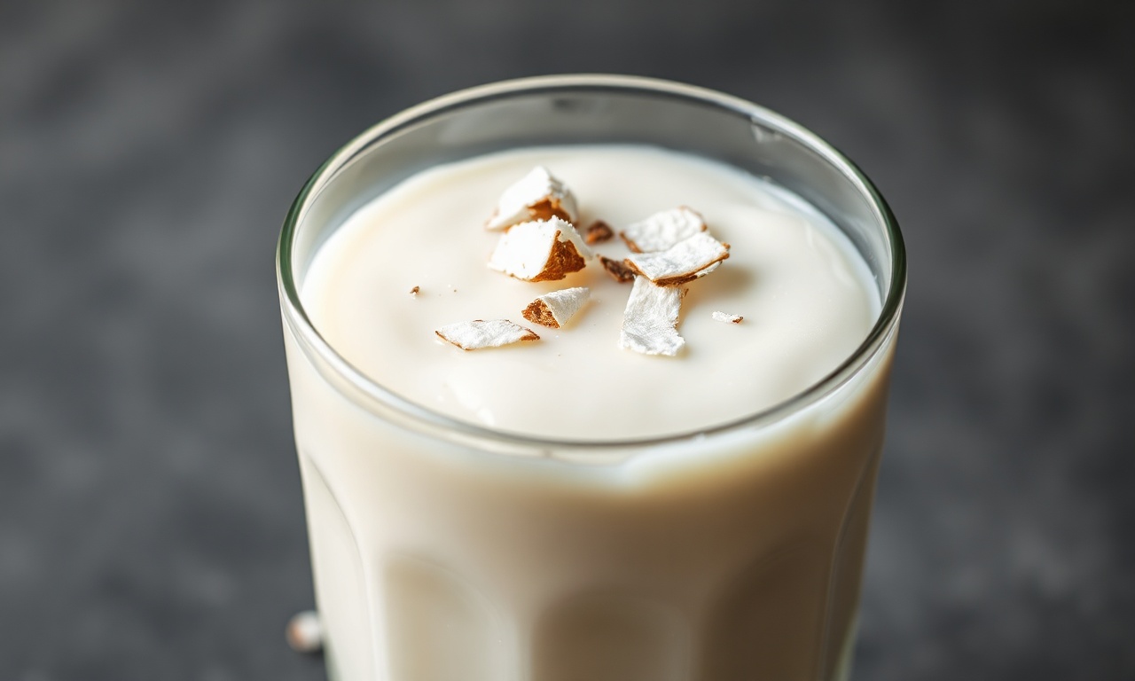Leite De Coco Caseiro: Cremoso Em 20 Minutos Com 2 Ingredientes 6 Close-up da textura aveludada e da cor branca leitosa do leite de coco em um copo, pronto para beber.