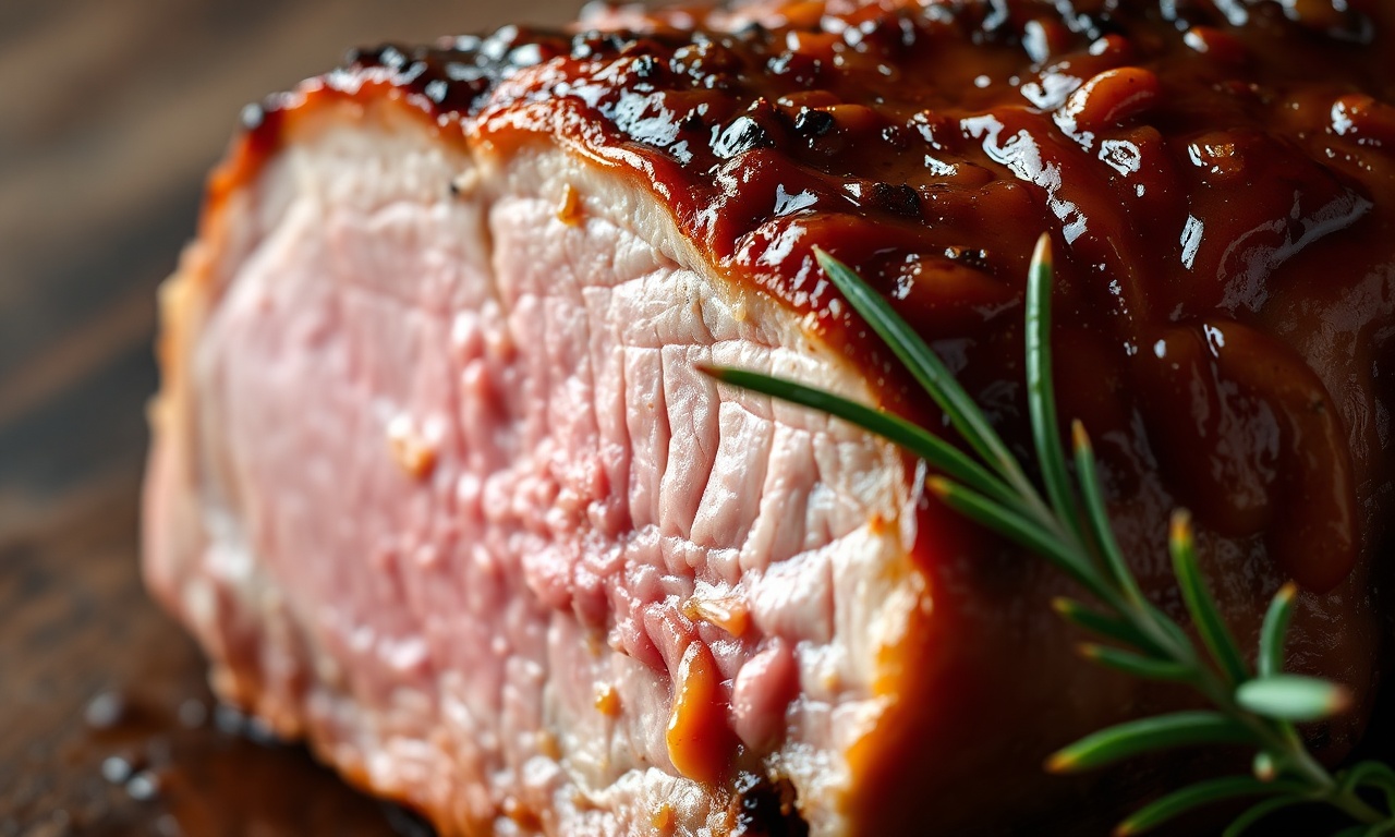 Close-up da textura macia da carne e da calda caramelizada.