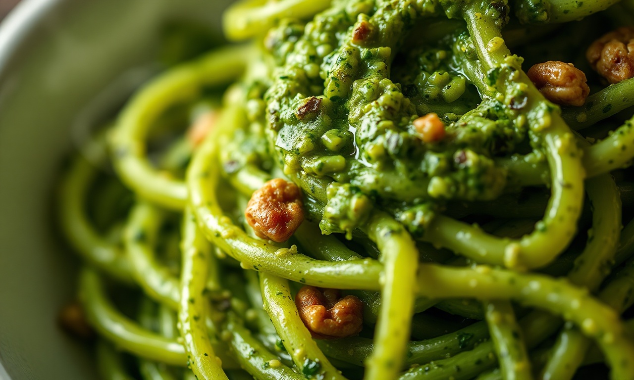 Macarrão De Abobrinha Com Pesto: Low Carb E Sem Água 5 Close-up da textura dos fios firmes cobertos pelo pesto cremoso.