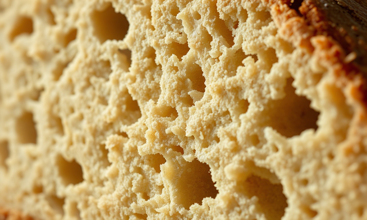 Close-up da textura do miolo do pão, mostrando os furos irregulares e a cor levemente acinzentada da farinha semi-integral.