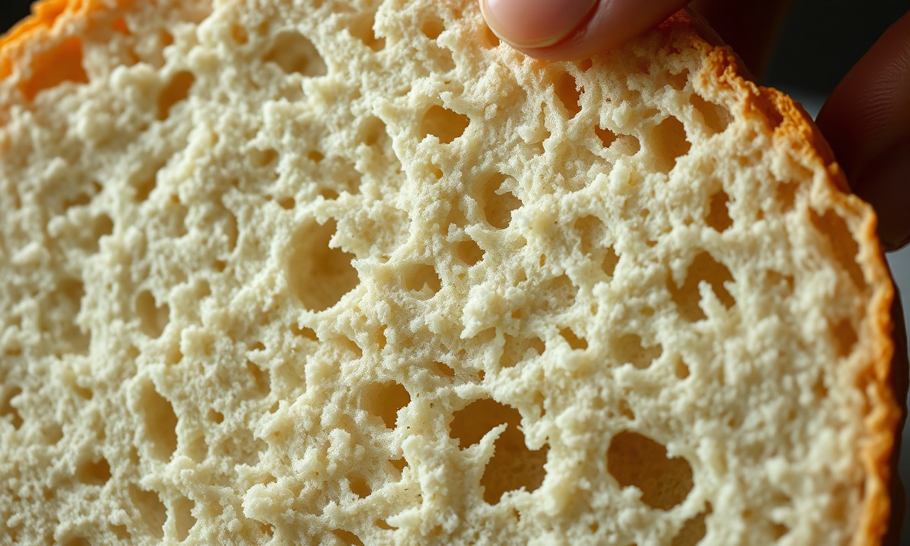 Macro do interior fofo e aerado do pão.