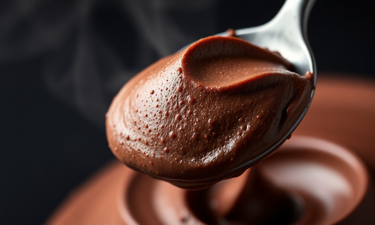 Close-up da textura cremosa e aerada do mousse com colher retirando uma porção