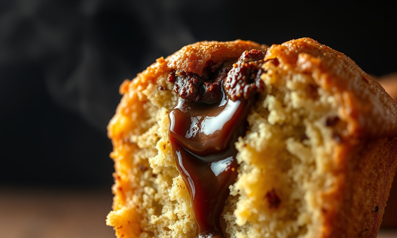 Muffin De Nutella: Receita Fofinha Com 5 Ingredientes E Sem Ovo 6 Close-up da textura macia e do recheio cremoso escorrendo ao partir o muffin