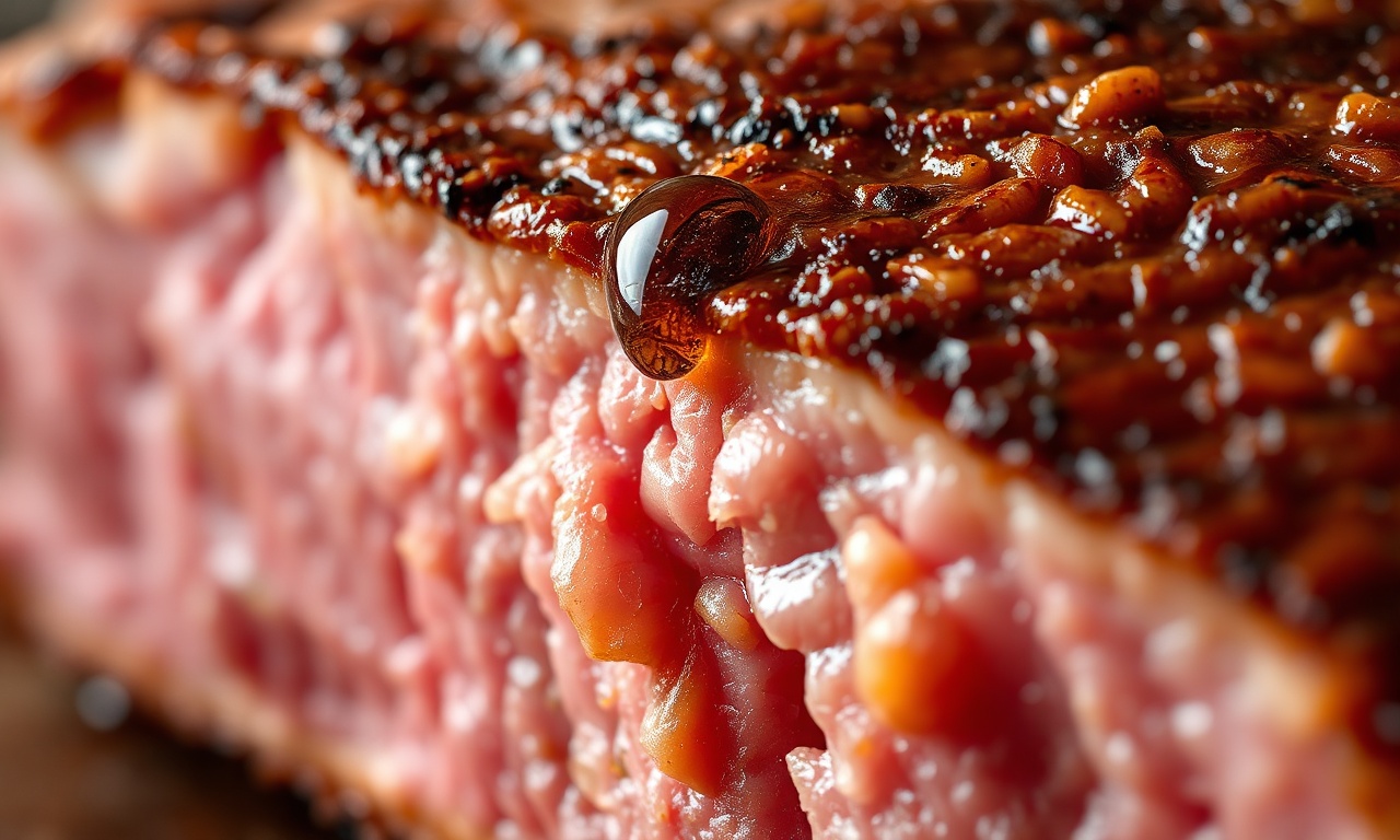 Close-up da textura da carne fatiada, mostrando a casca crocante e o interior suculento.