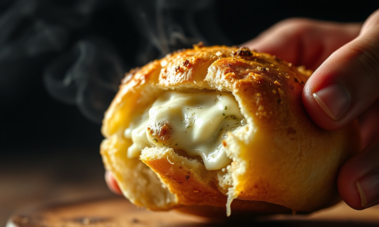 Pão De Alho Para Vender: Receita Lucrativa E Fácil 5 Close-up da textura macia e do recheio cremoso escapando.