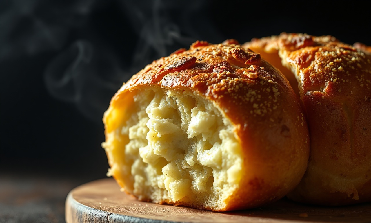 Close-up da textura crocante e macia do pão de queijo recém-assado do freezer.