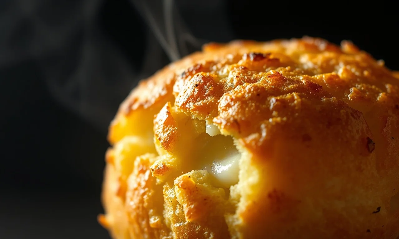 Close-up da textura crocante e do interior macio do pão de queijo.