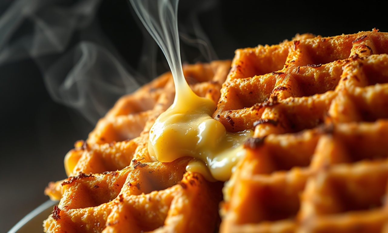 Close-up da textura crocante e do interior macio e puxa-puxa do waffle.