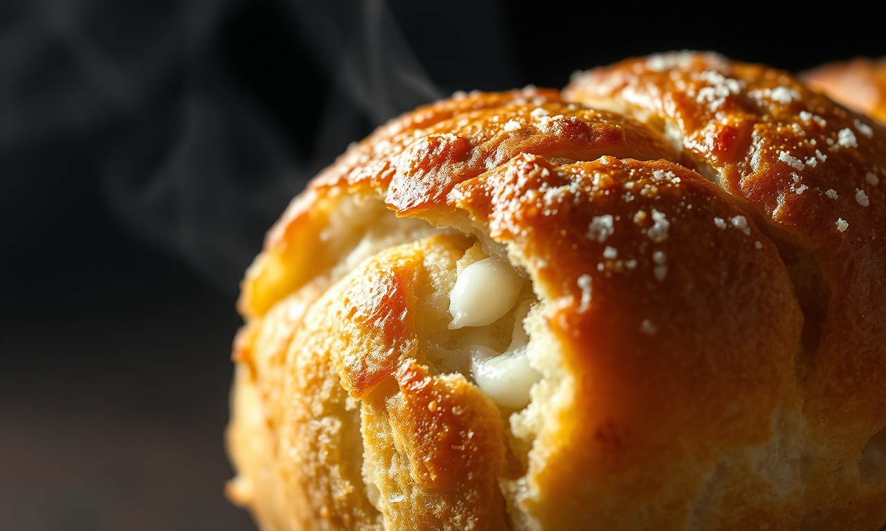 Close-up da casca crocante e do miolo.