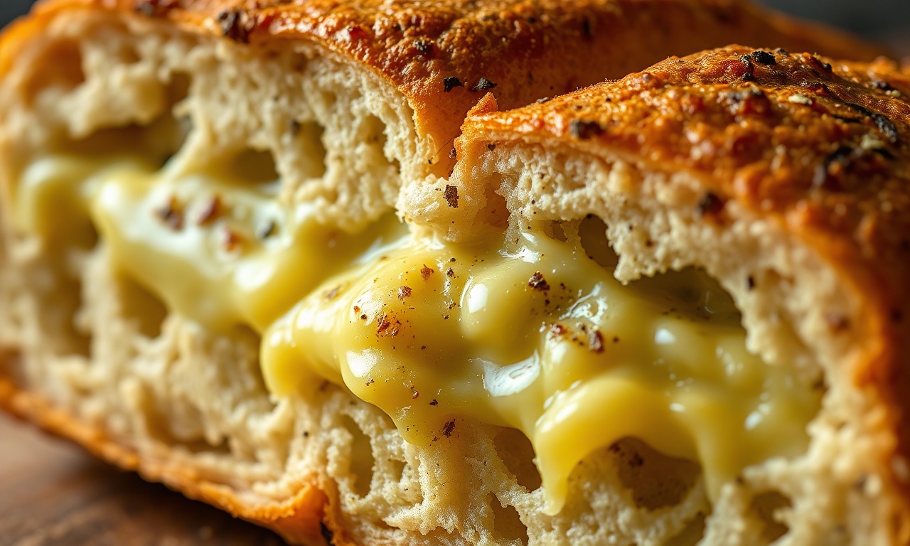 Close-up do pão italiano cortado em xadrez com queijo derretido e ervas.