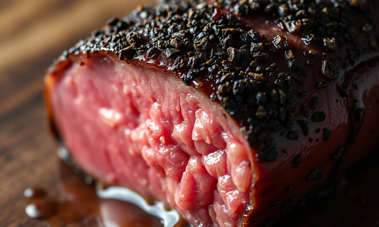 Pastrami Caseiro Macio E Defumado: Passo A Passo Completo 5 Close-up da textura da crosta de especiarias e da carne macia e suculenta.