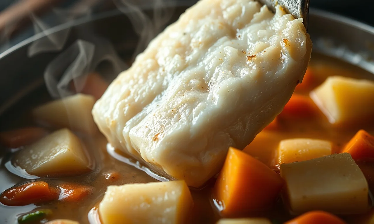 Close-up da textura do peixe macio e desfiado, com o caldo brilhante e legumes.