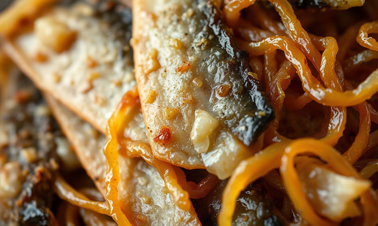 Close-up da textura do peixe seco desfiado com cebola caramelizada