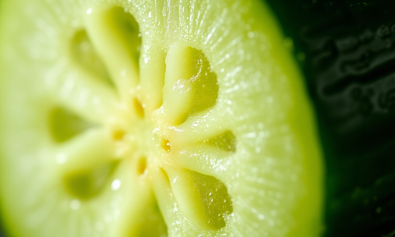 Close-up da textura firme e crocante do pepino após dias na geladeira.
