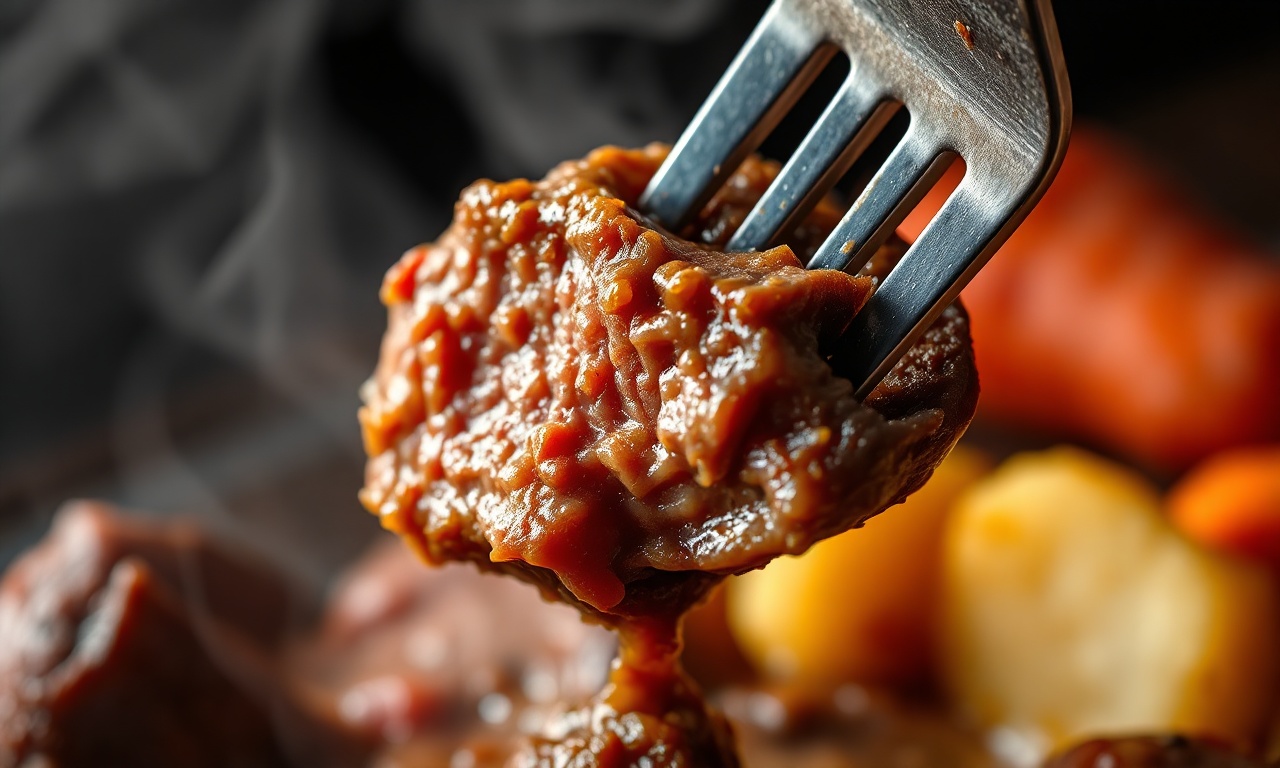Close-up da maciez da carne e da espessura do caldo.