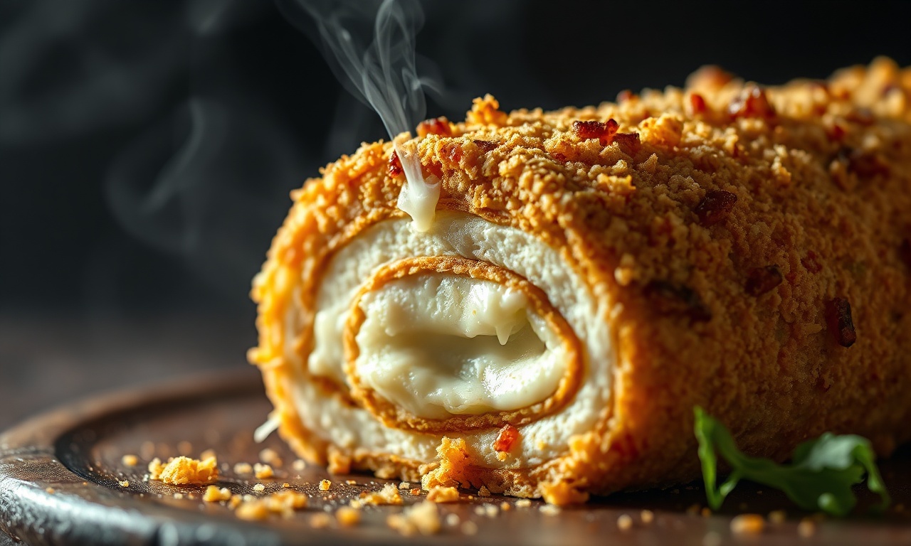 Rocambole De Frango Macio E Crocante: Receita Com Vapor 6 Close-up da textura crocante e do interior suculento