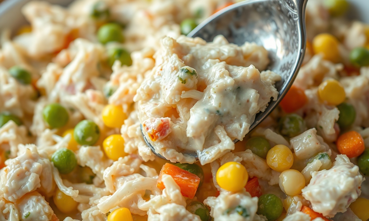 Salpicão De Bacalhau Fácil E Cremoso Para Impressionar 5 Close-up da textura cremosa da salada com os ingredientes misturados.