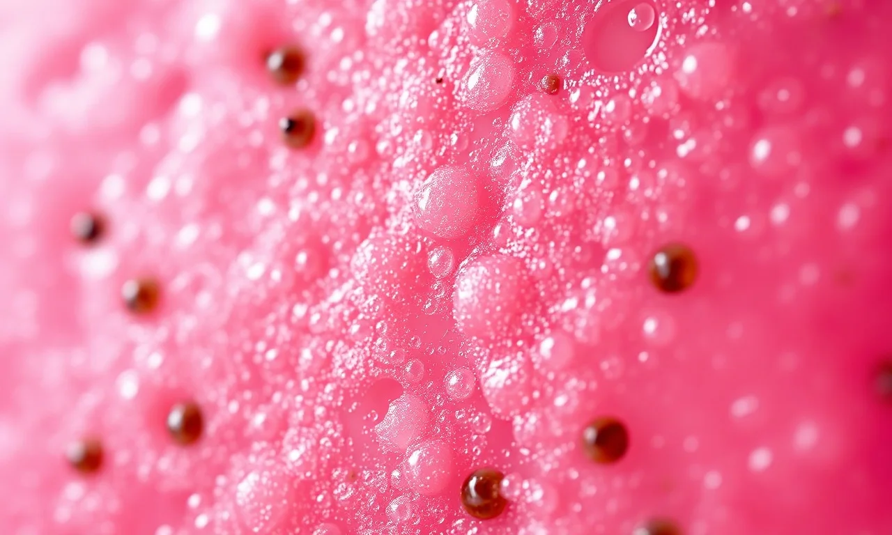 Close-up da textura cremosa e vibrante do suco pronto.