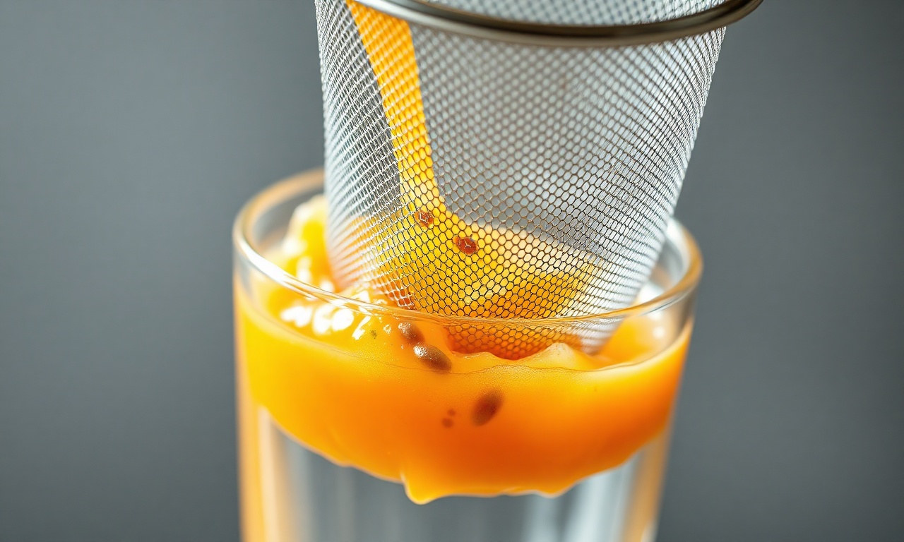 O suco sendo coado por uma peneira fina, mostrando a textura límpida e livre de sementes.