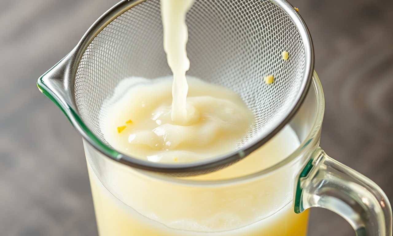 Suco De Limão Com Casca: Aromático E Pronto Em 5 Minutos 6 Close-up do suco sendo coado em uma peneira fina, mostrando a textura líquida e as fibras da casca retidas.